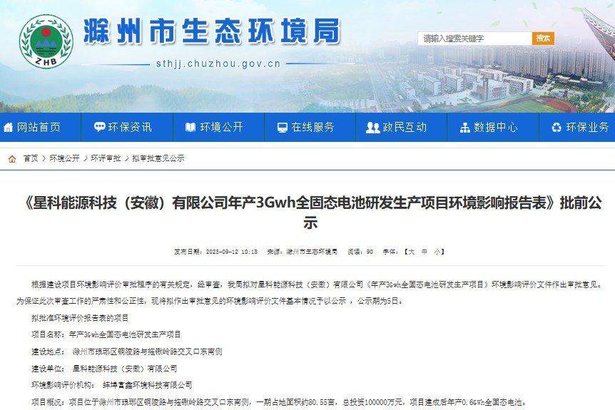 一期投資10億元！安徽滁州年產3GWh全固態(tài)電池項目迎新進展