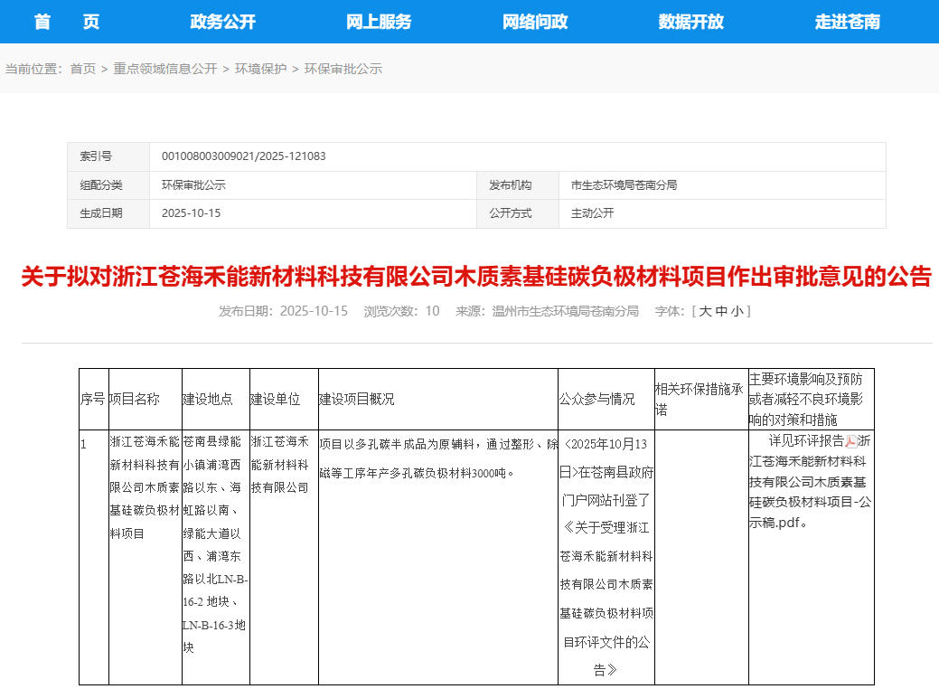 2億元！浙江溫州一硅碳負極材料項目公示